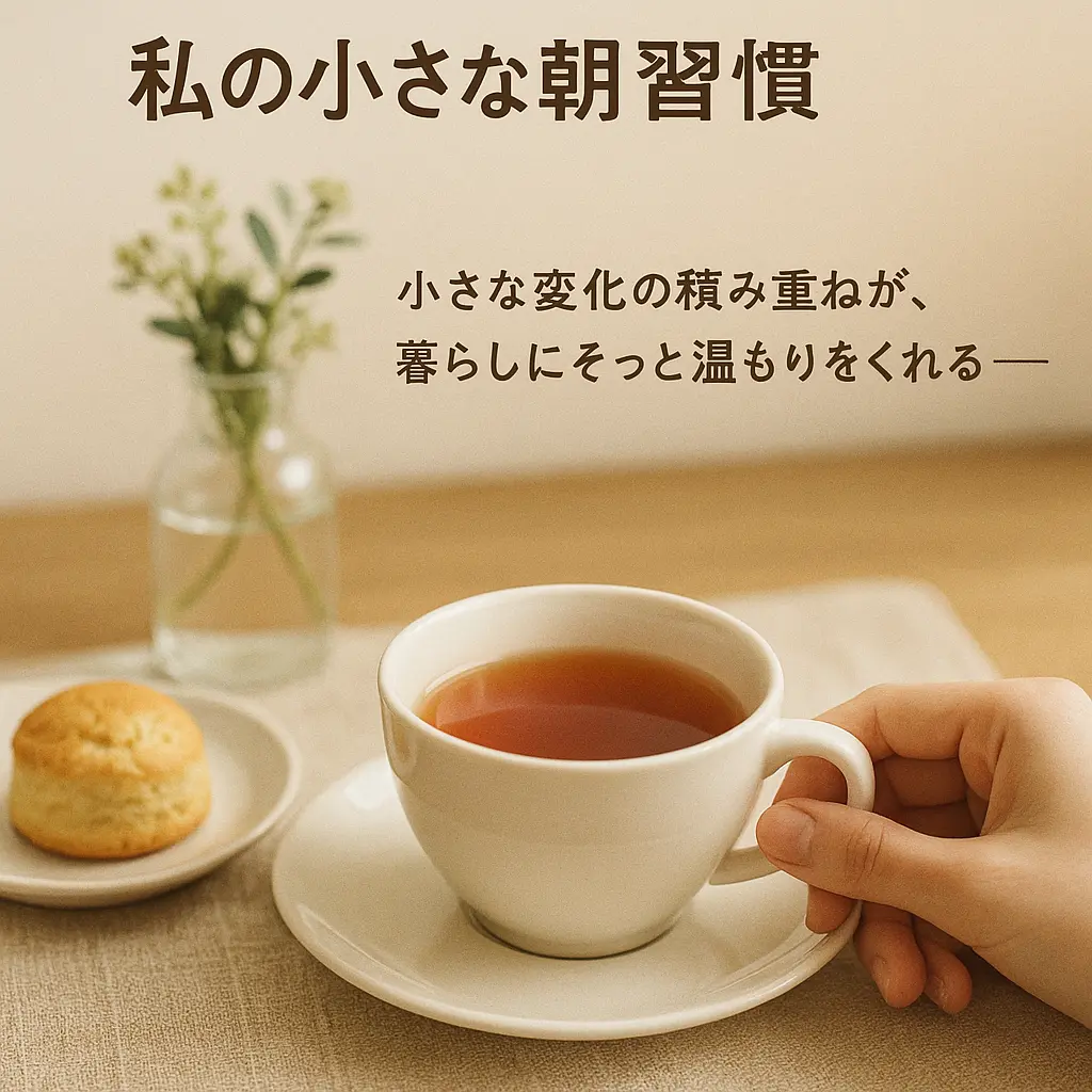 白いカップに注がれた紅茶を手に取る朝のひととき。横にはスコーンと小さな花瓶が置かれ、柔らかな朝日が差し込むテーブルで心を整えるワンシーン。