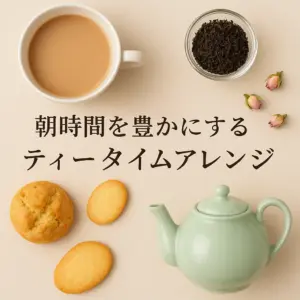 朝の光が差し込むキッチンで、紅茶とスコーンが並ぶティータイムの風景
