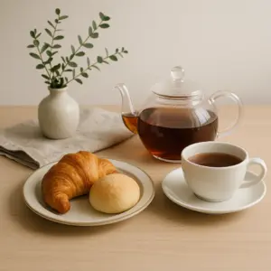 紅茶とパンが並ぶテーブルとおしゃれなテーブルコーディネートの風景