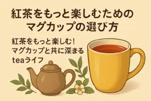 黄色いマグカップと茶色いティーポットが並ぶ、紅茶のある暮らしを描いたイラスト。