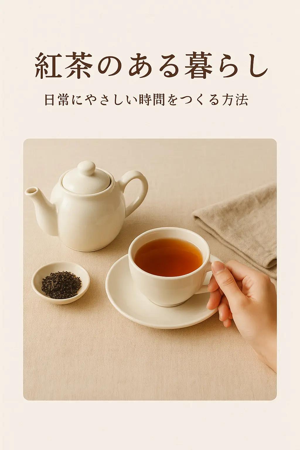 ティーカップとティーポットが並ぶやわらかな風合いのテーブル風景。紅茶を楽しむ日常のひとときを表現した、あたたかみのあるアイキャッチ画像。