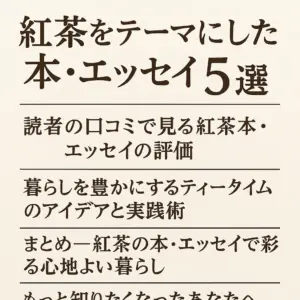 紅茶をテーマにした本・エッセイ5選の見出しと各セクション見出しを記した日本語のテキストデザイン