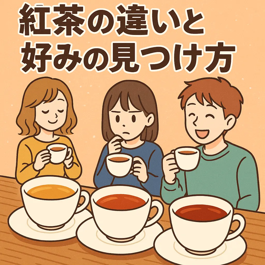 アニメ風のイラストで、紅茶の飲み比べを楽しむ男女3人が描かれている