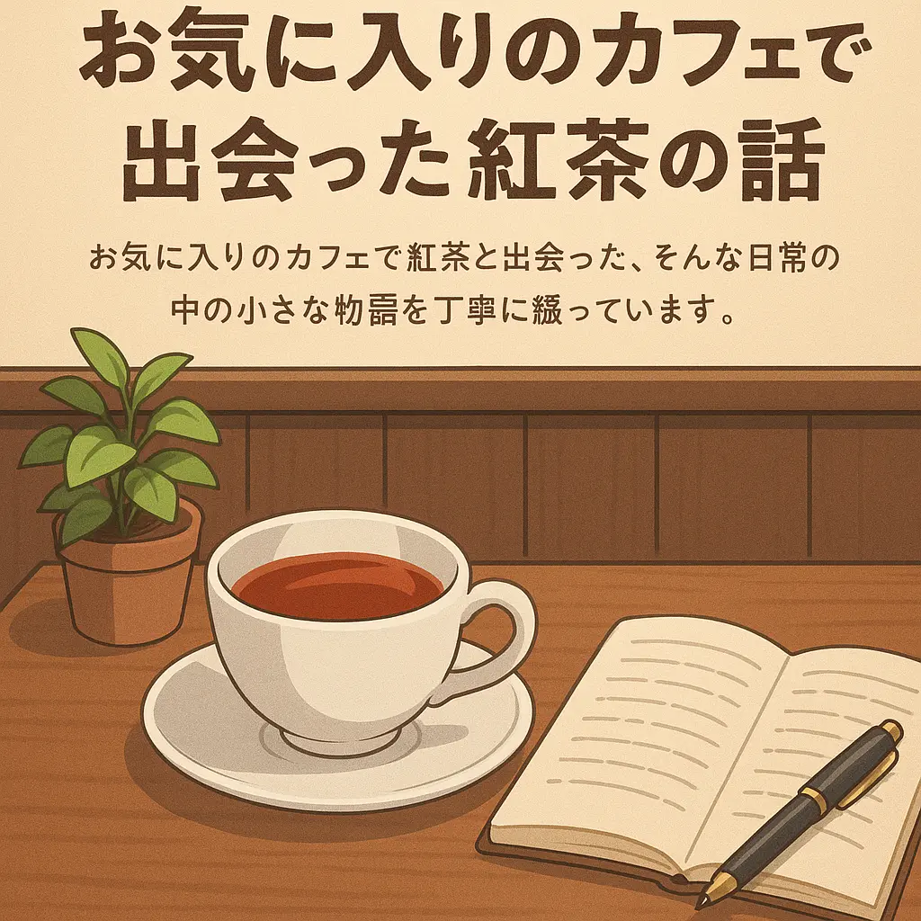 木のテーブルに置かれた紅茶のカップとノート、観葉植物が並ぶカフェの一角を描いたアニメ調イラスト