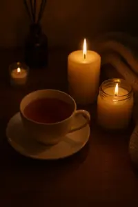 夜の木製テーブルの上に置かれた紅茶のカップと、優しく灯るアロマキャンドル