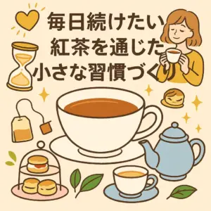 紅茶の香りを楽しむ女性と紅茶道具を描いたアニメ風イラスト