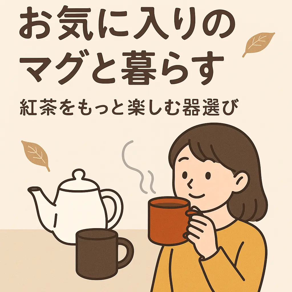 お気に入りのマグカップで紅茶を楽しむ女性とティーポットのイラスト