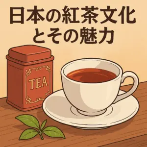 アニメ風に描かれた、日本の紅茶文化を象徴するティーカップと茶缶のイラスト
