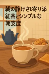 静かな朝のキッチンで湯気の立つ紅茶とトースト