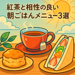 朝日が差し込む窓辺で紅茶を飲む女性のアニメ風イラスト