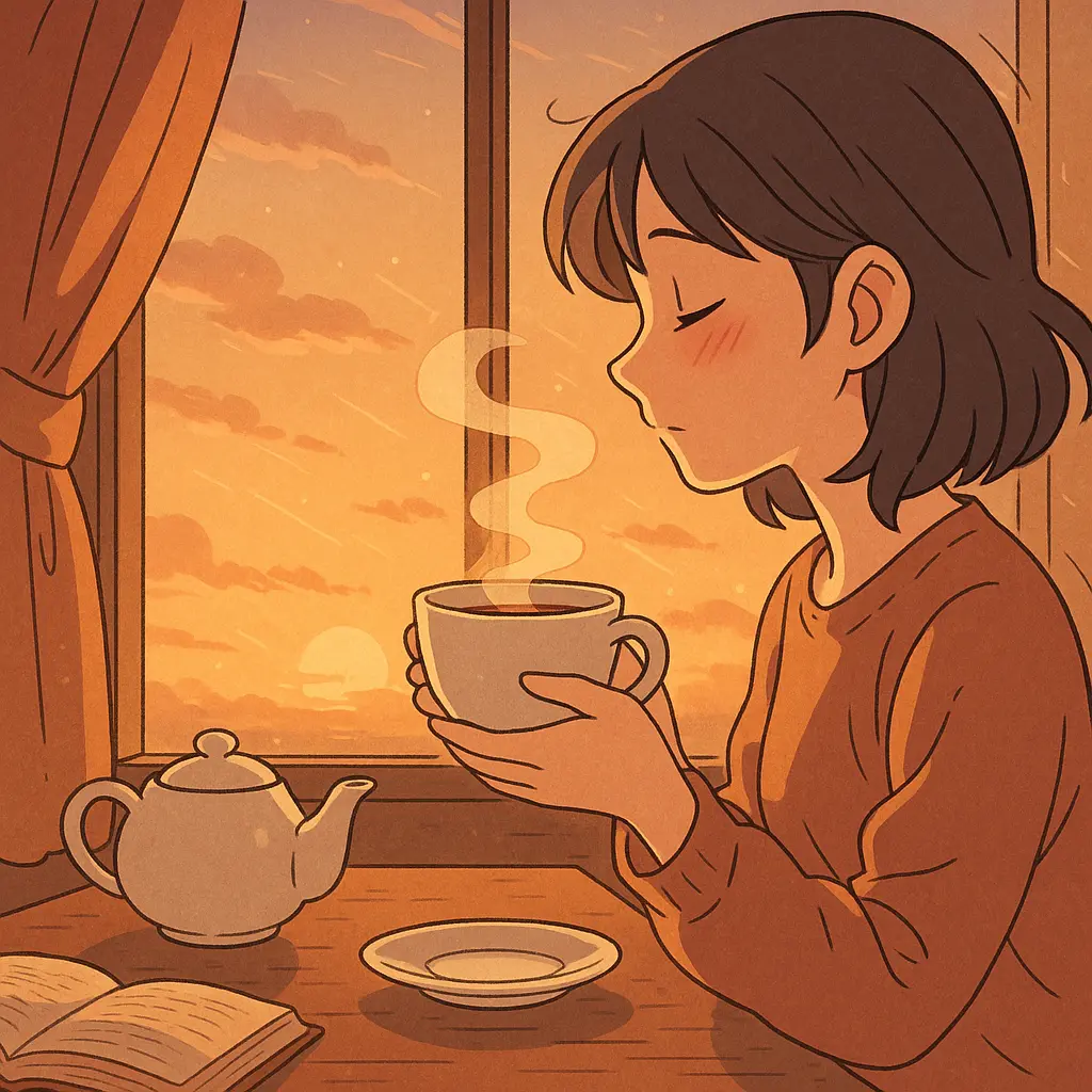 窓辺で夕焼けを眺めながら、温かな紅茶を手にほっとひと息つく女性を描いたアニメーション風イラスト