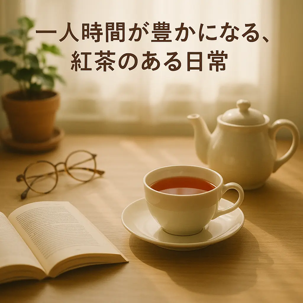 木のテーブルの上に、紅茶が注がれたカップとティーポット、開いた本とメガネが並ぶ