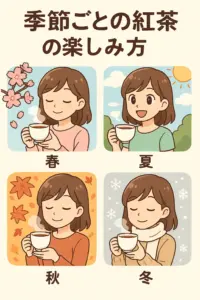 春夏秋冬それぞれの風景の中で紅茶を楽しむ女性のアニメ風イラスト