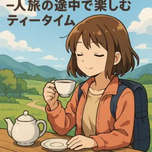 アニメ風の若い女性が一人旅の途中でティータイムを楽しむ様子