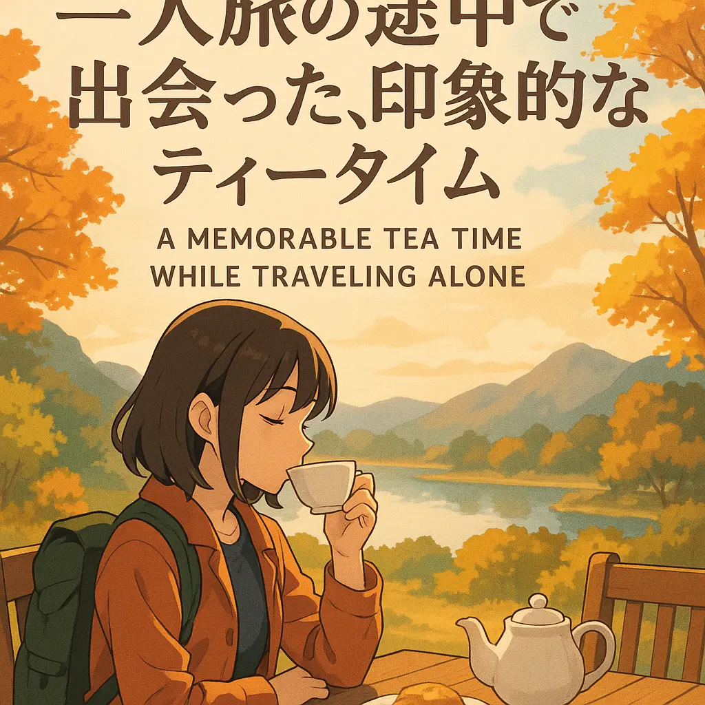 一人旅の途中、秋の山々に囲まれたカフェで紅茶を楽しむ若い女性のアニメ風イラスト