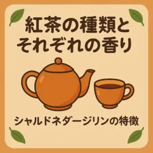 様々な茶葉から立ち上る湯気と香りが描かれたアニメ風イラスト
