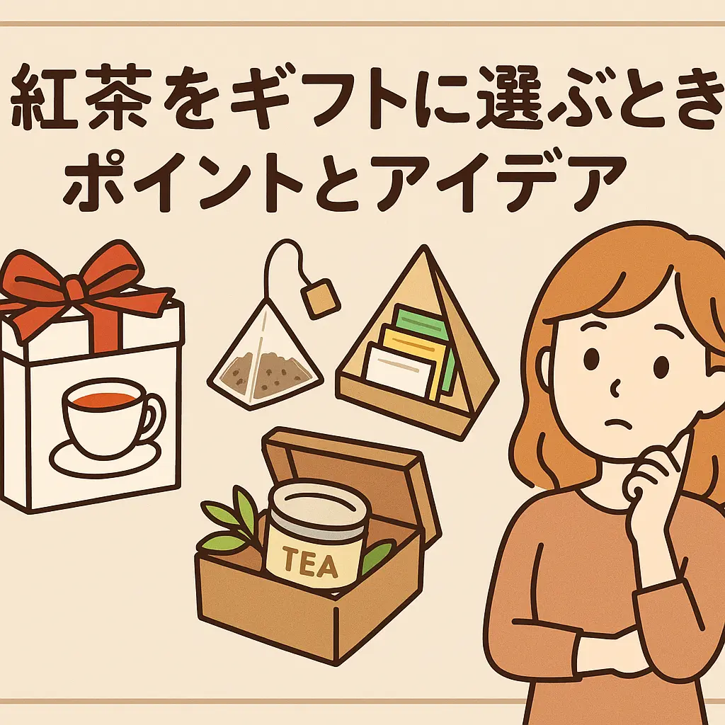 紅茶ギフトを選ぶ女性と、紅茶セットのイラスト
