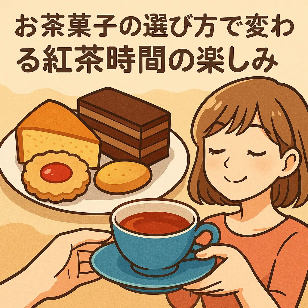 アニメ風の女の子が紅茶とお茶菓子を楽しむ、ほっこりしたティータイムのイラスト