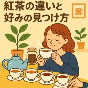 アニメ風の女性が4種類の紅茶を飲み比べしている様子