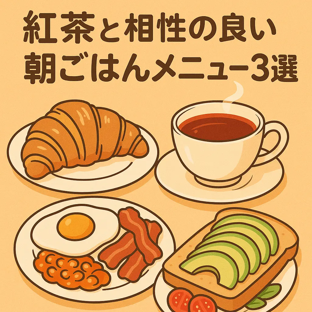紅茶と相性の良い朝ごはんメニュー3選を紹介するアニメ風イラスト
