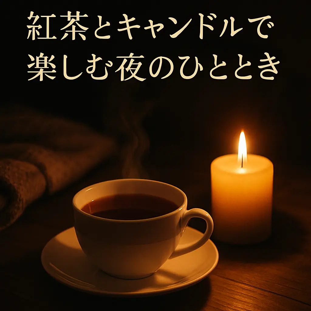 紅茶の入ったカップとゆらめくキャンドルが並んだ夜のテーブル