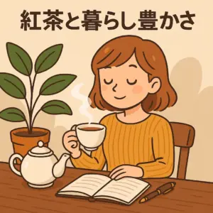 アニメーション風に描かれた紅茶と本が並ぶリラックスした暮らしの風景