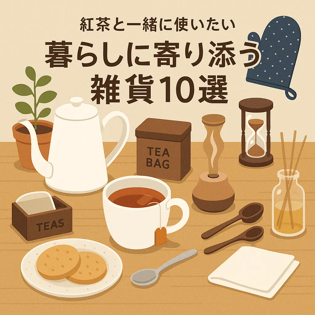 紅茶と一緒に楽しむための暮らしに寄り添う雑貨10選が並ぶ、温かみのあるアニメーション風イラスト