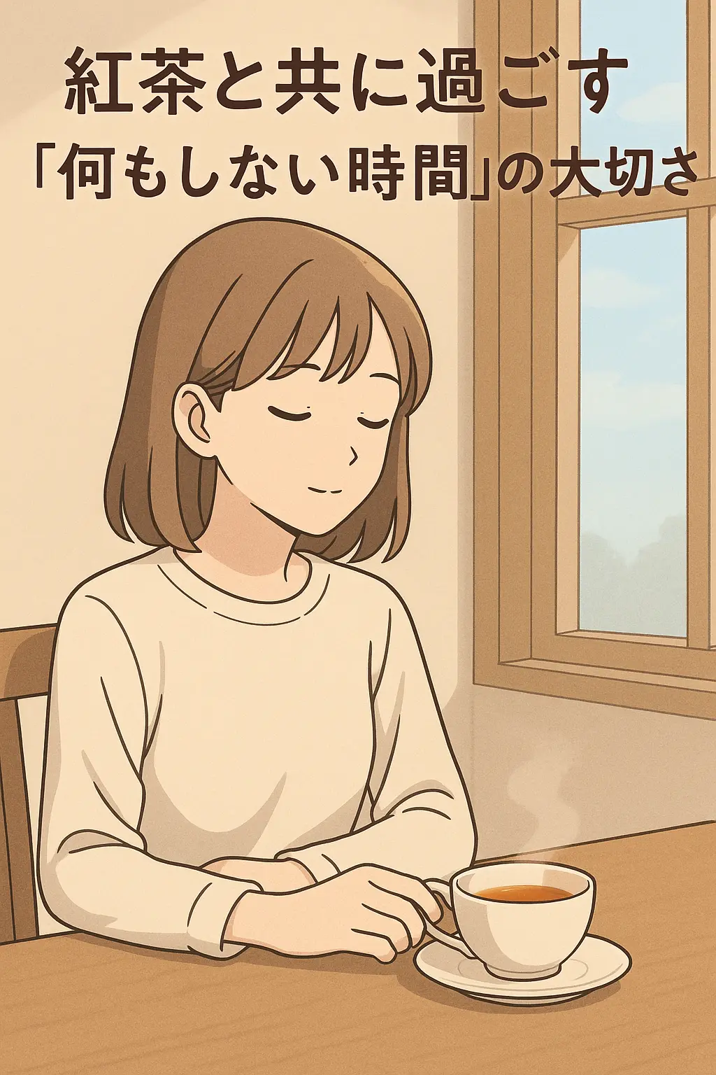 「紅茶を手に、窓近の木の30テーブルで笑顔で過ごす女性のアニメーション風イラスト