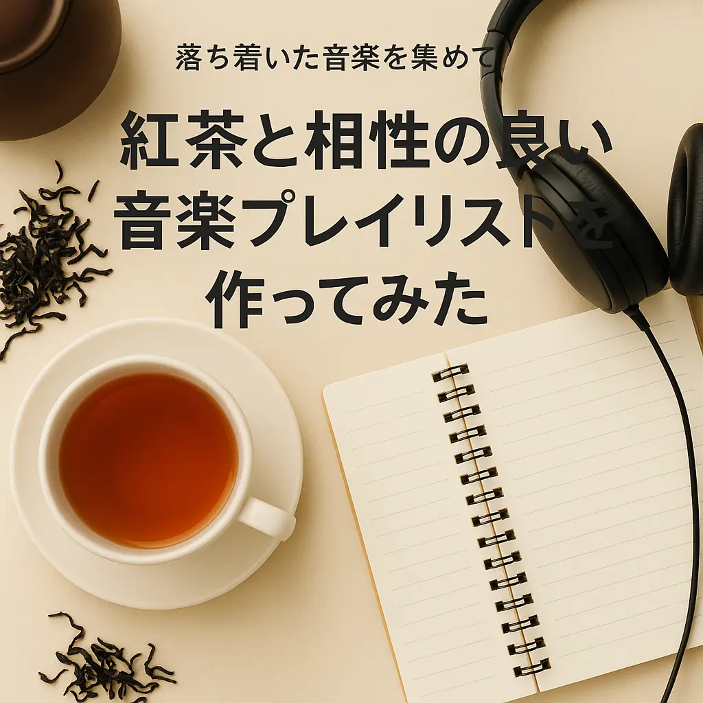 紅茶とノート、ヘッドホンが並んだテーブルの上を見下ろした構図