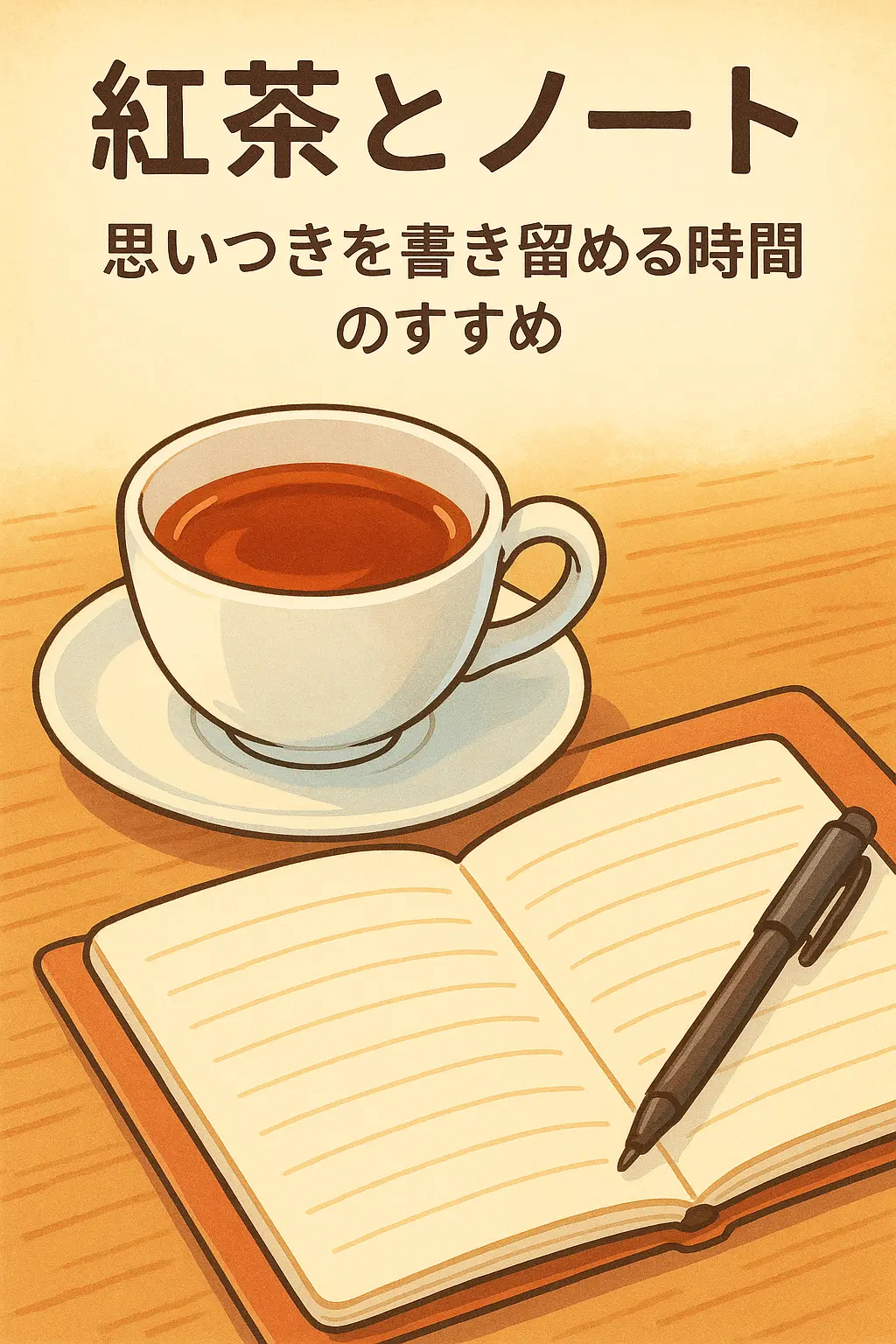 紅茶の入ったカップとノートが木のテーブルの上に置かれている、やさしい色合いのアニメ風イラスト