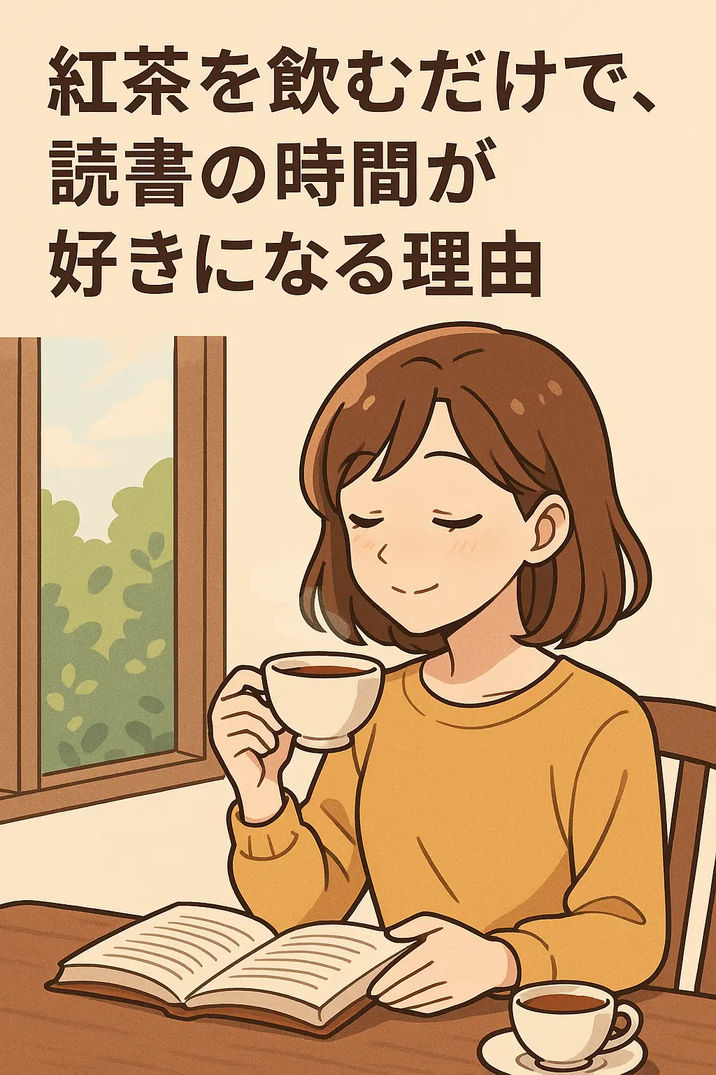 紅茶を飲みながら読書を楽しむ女性を描いたアニメスタイルのイラスト
