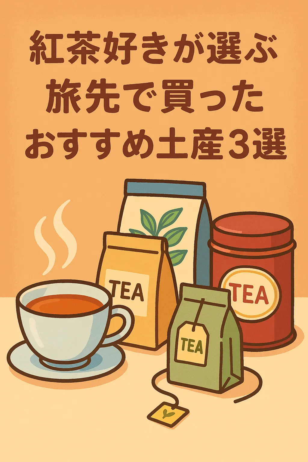 紅茶好きの旅人が選んだ、香り豊かなおすすめ紅茶土産3選を描いたアニメ風イメージ