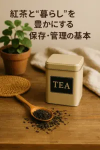 陽の当たらない棚に並ぶ紅茶缶と保存グッズ、丁寧に管理された茶葉の様子