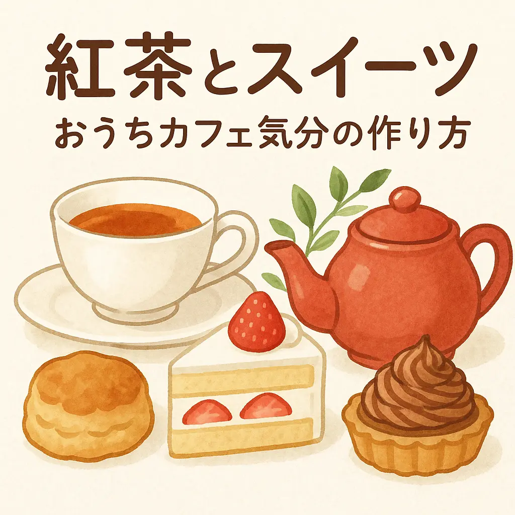 カップに注がれた紅茶と、いちごショートケーキ、チョコタルト、スコーンが並んだおうちカフェ風のイラスト。