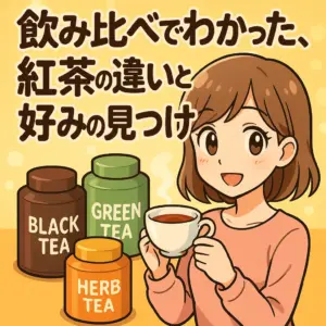 アニメ調：自宅で紅茶を飲み比べて好みを探すティータイム