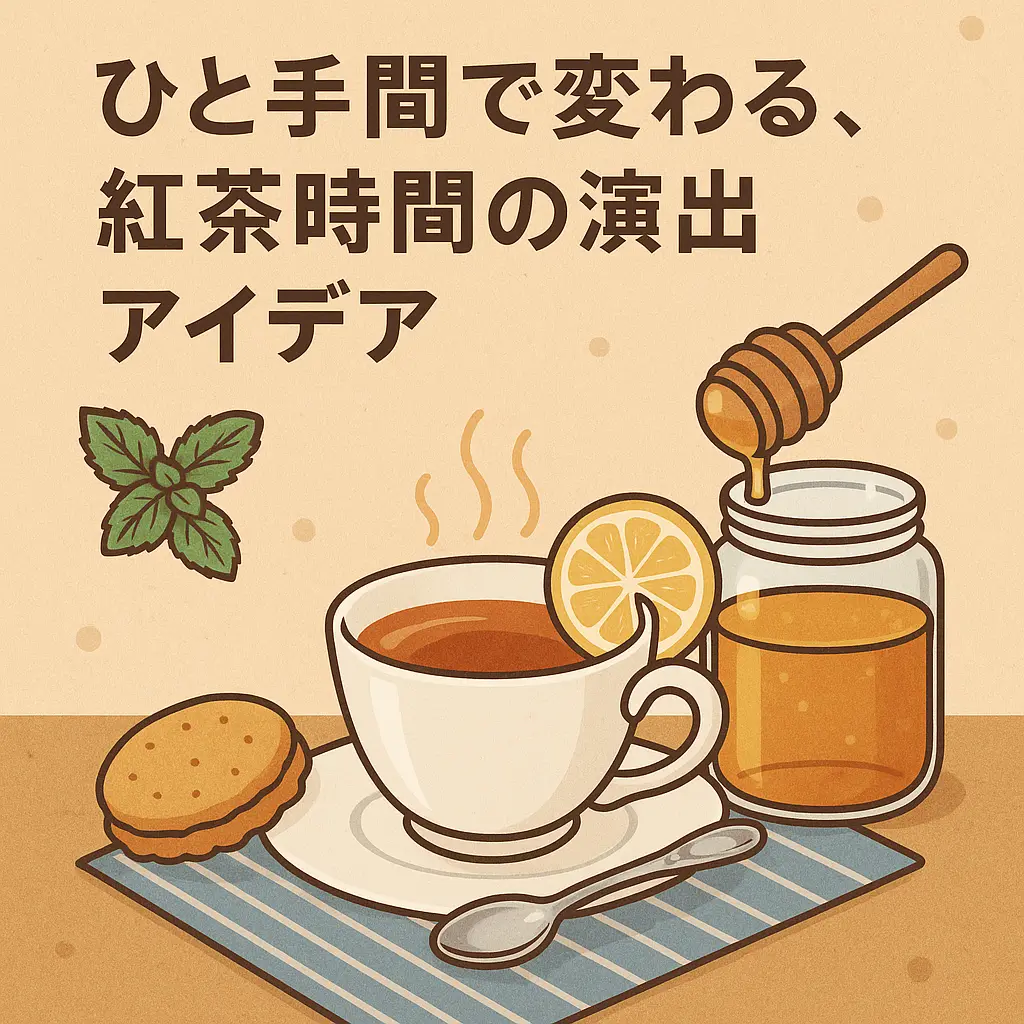 紅茶とレモン、はちみつ、クッキーが並ぶティータイムのイラスト