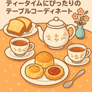 アニメ調のテーブルに花柄のティーセットとスコーンが並んだティータイム風景のイラスト